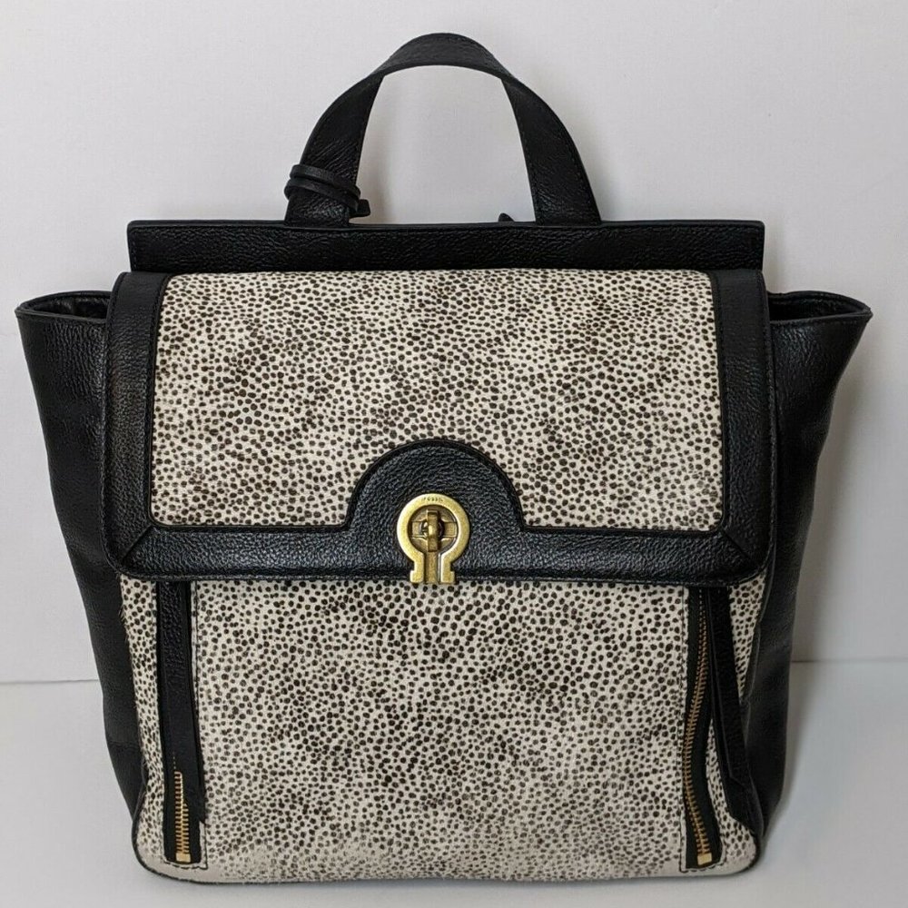 Fossil Backpack Black Leather W/ Cow Fur Trim